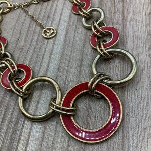 Crown Tafari Vintage Red Enamel Gold Tone Open Circle Rings Necklace